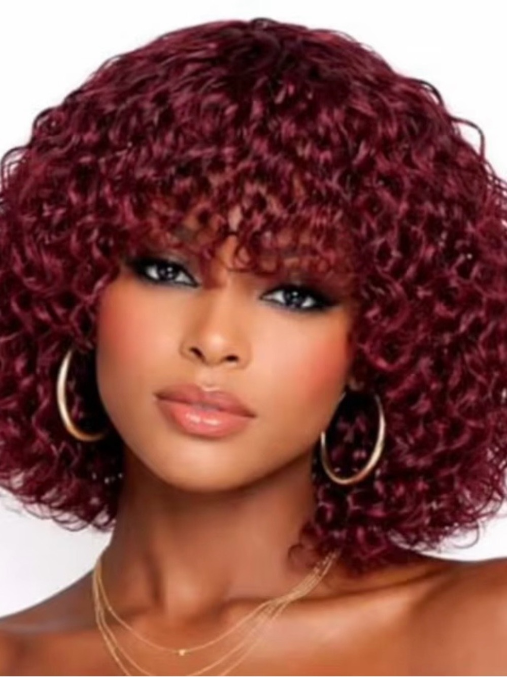 Burgundy Curly wave  Wig with Bangs - 100%. Human Hair